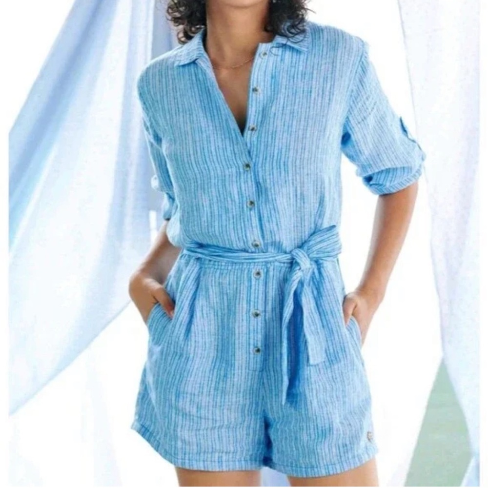 HATLEY WOMENS ROMPER PLAYSUIT BLUE STRIPE LOMG SLEEVE BELT MEDIUM